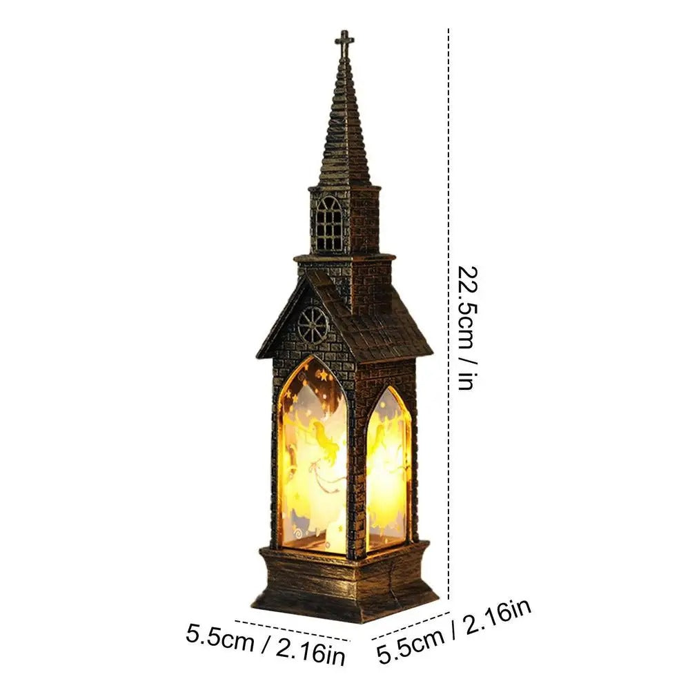 "Luminous Church Lantern with Electronic Candle – Festive Night Light & Christmas Gift"