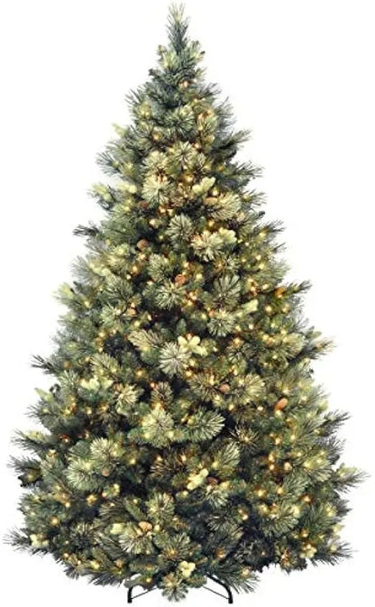 "Pre-Lit Artificial Christmas Tree with 750 Clear Lights, Pinecones, and 1399 Branches"