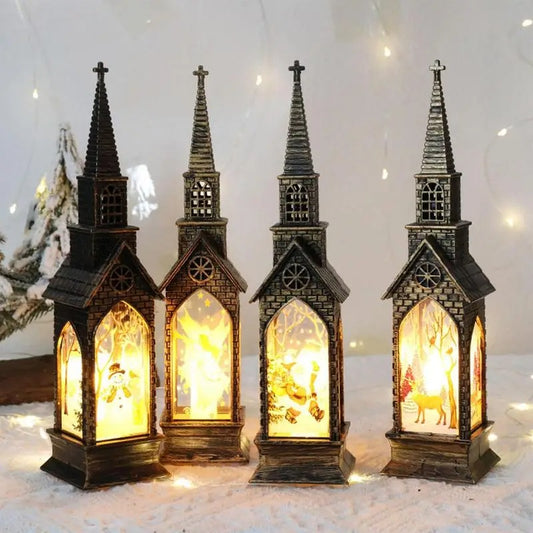 "Luminous Church Lantern with Electronic Candle – Festive Night Light & Christmas Gift"