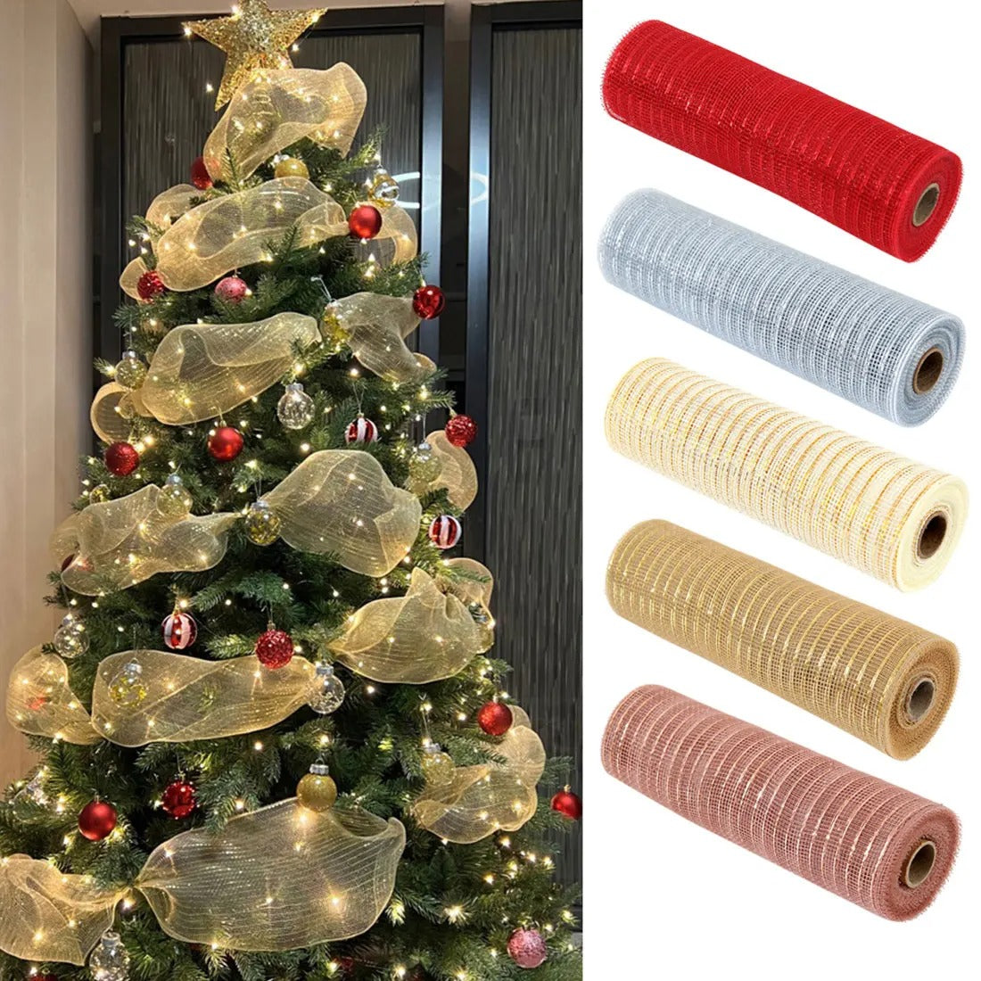 "Christmas Ribbon & Tulle Mesh Roll – Tree Decoration & DIY Holiday Decor for 2024"