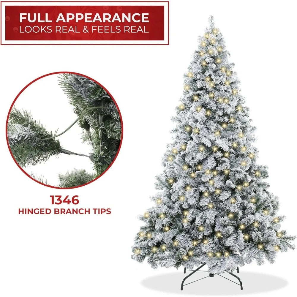 Pre-Lit Snow-Flocked Realistic Pine Christmas Tree with Sturdy Metal Stand