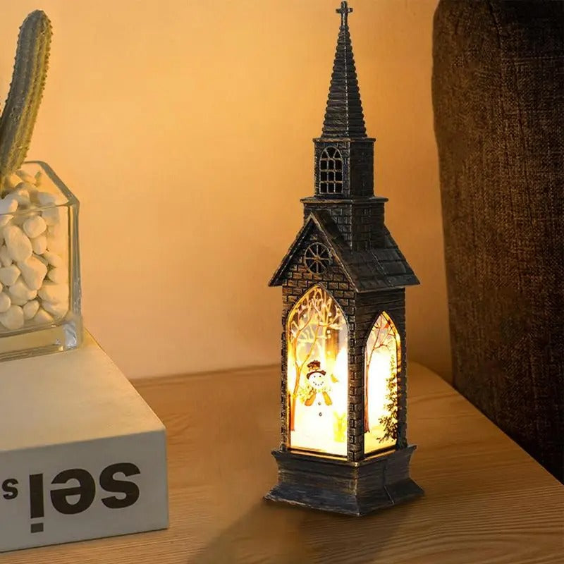 "Luminous Church Lantern with Electronic Candle – Festive Night Light & Christmas Gift"