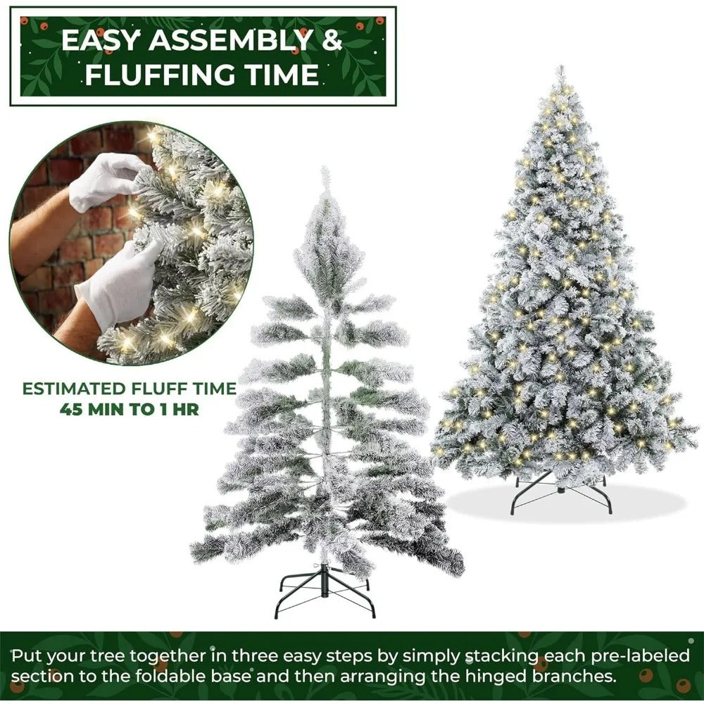 Pre-Lit Snow-Flocked Realistic Pine Christmas Tree with Sturdy Metal Stand