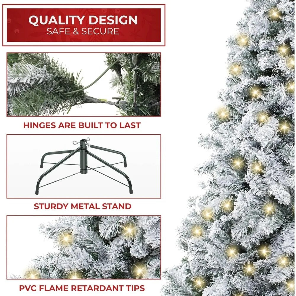 Pre-Lit Snow-Flocked Realistic Pine Christmas Tree with Sturdy Metal Stand