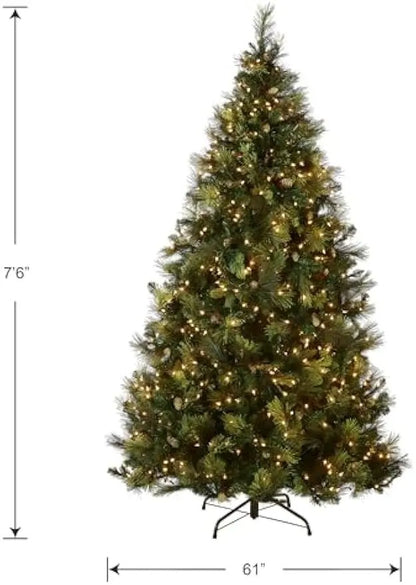 "Pre-Lit Artificial Christmas Tree with 750 Clear Lights, Pinecones, and 1399 Branches"