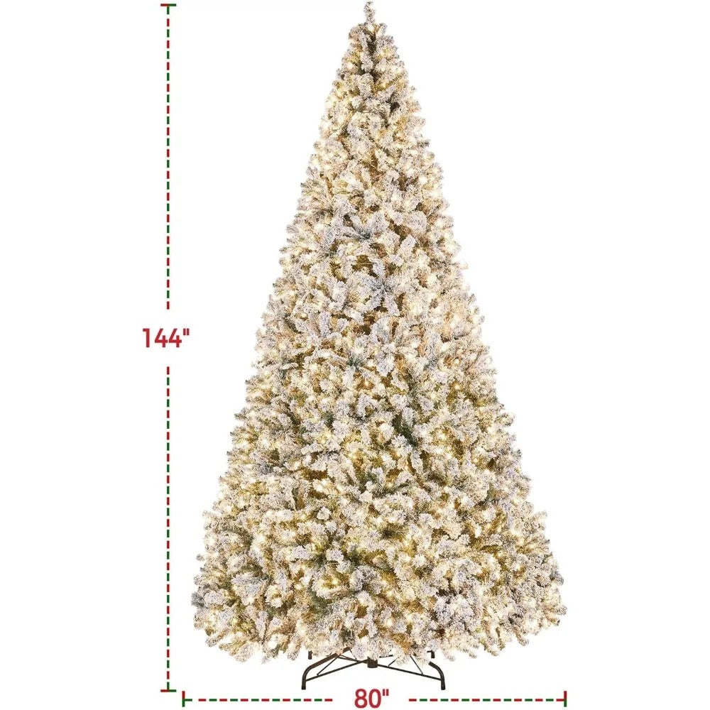 "12ft Snow-Flocked Pre-Lit Artificial Christmas Tree with Warm White Incandescent Lights"